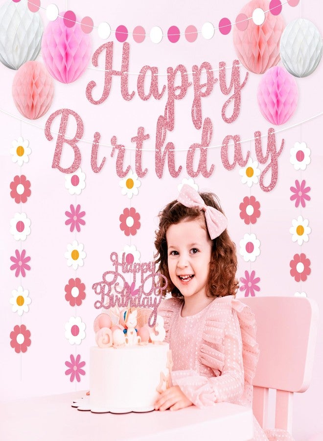 TMTECHJS Pink Daisy Birthday Decorations Pre-Strung Happy Birthday Banner with Honeycomb Balls Cake Topper Pink Flower Hanging Swirls Circle Dots Garland - Image 5
